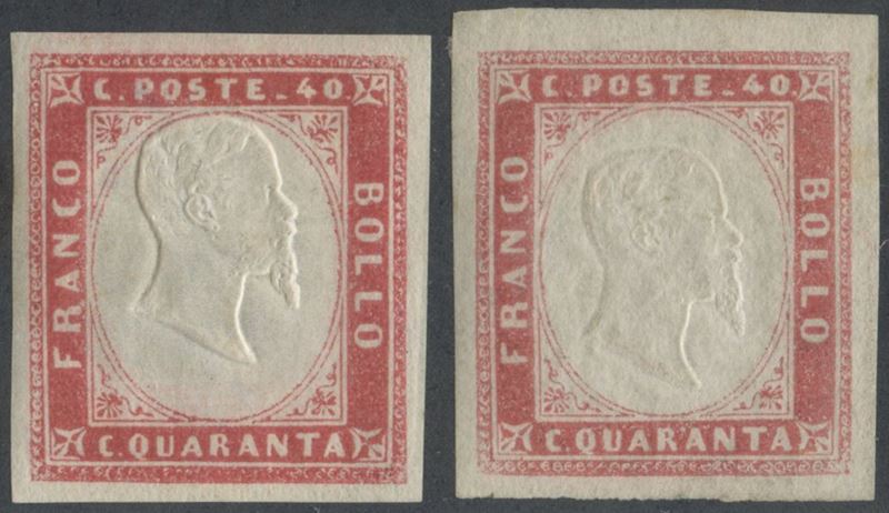 Sardegna, IV emissione, 40 centesimi (coppia di esemplari in due tonalità), con gomma