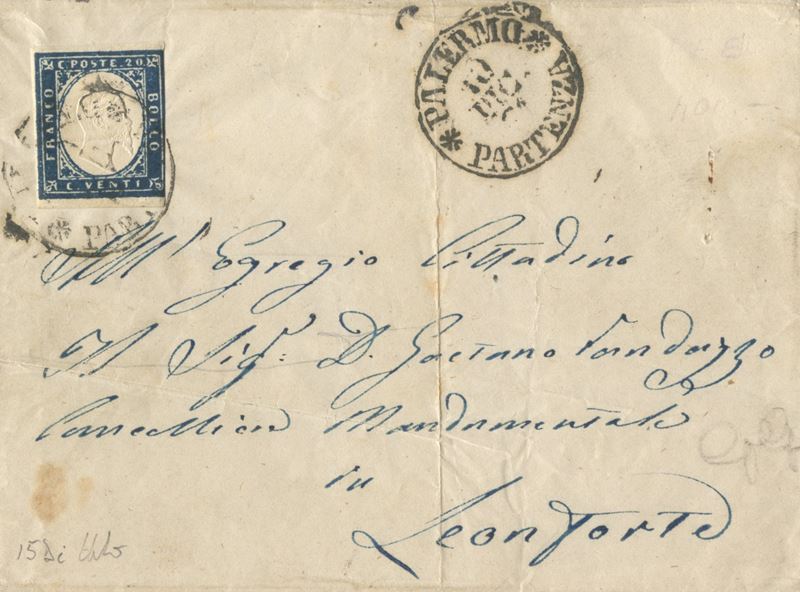 Francobollo 20 centesimi, Sardegna IV emissione (cobalto oltremare scuro, n. 15, annullamento Di....