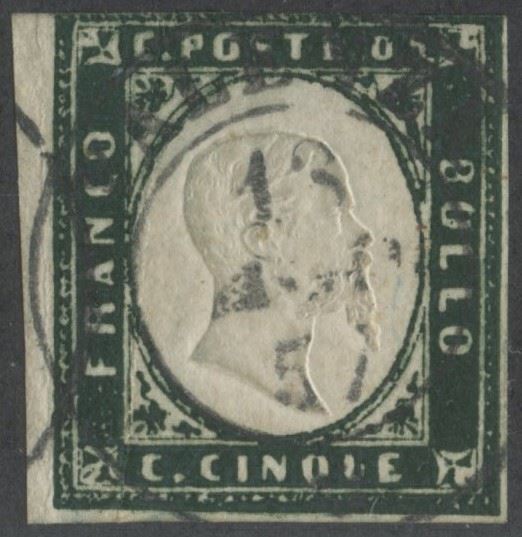 Francobollo sardo, 5 centesimi Verde Mirto scuro (IV emissione), n. 13Ab