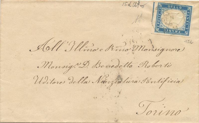 Francobollo, 13 gennaio 1856, Sardegna (IV emissione), lettera affrancata da 20 centesimi