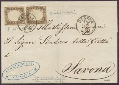 Francobolli, Sardegna: IV emissione, affrancatura da 20 centesimi (coppia 10 cent. Terra d’Ombra ...