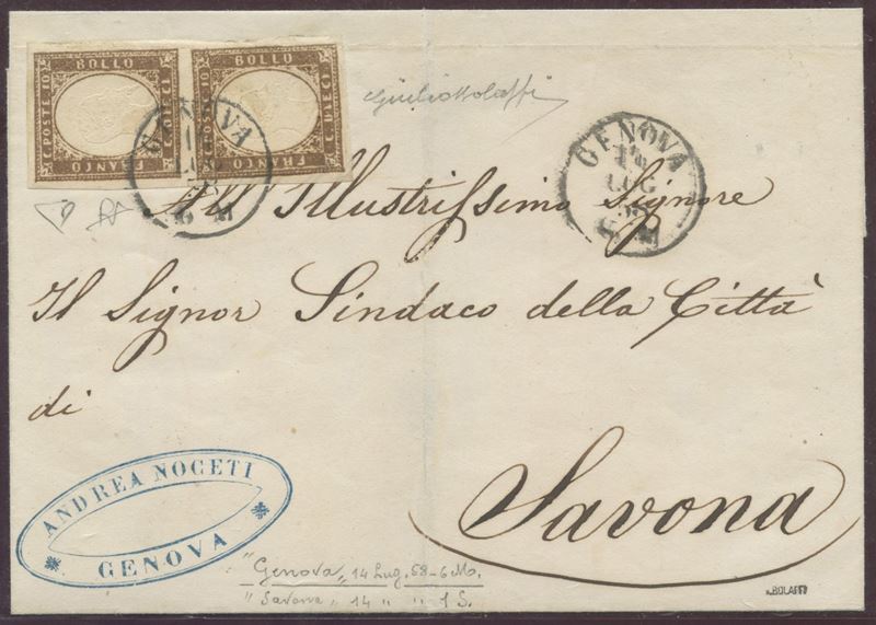 Francobolli, Sardegna: IV emissione, affrancatura da 20 centesimi (coppia 10 cent. Terra d’Ombra ...