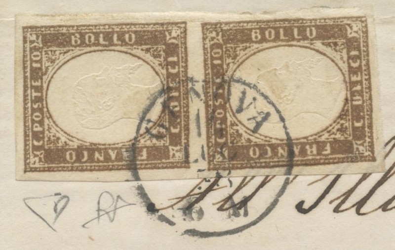 Francobolli, Sardegna: IV emissione, affrancatura da 20 centesimi (coppia 10 cent. Terra d’Ombra ...