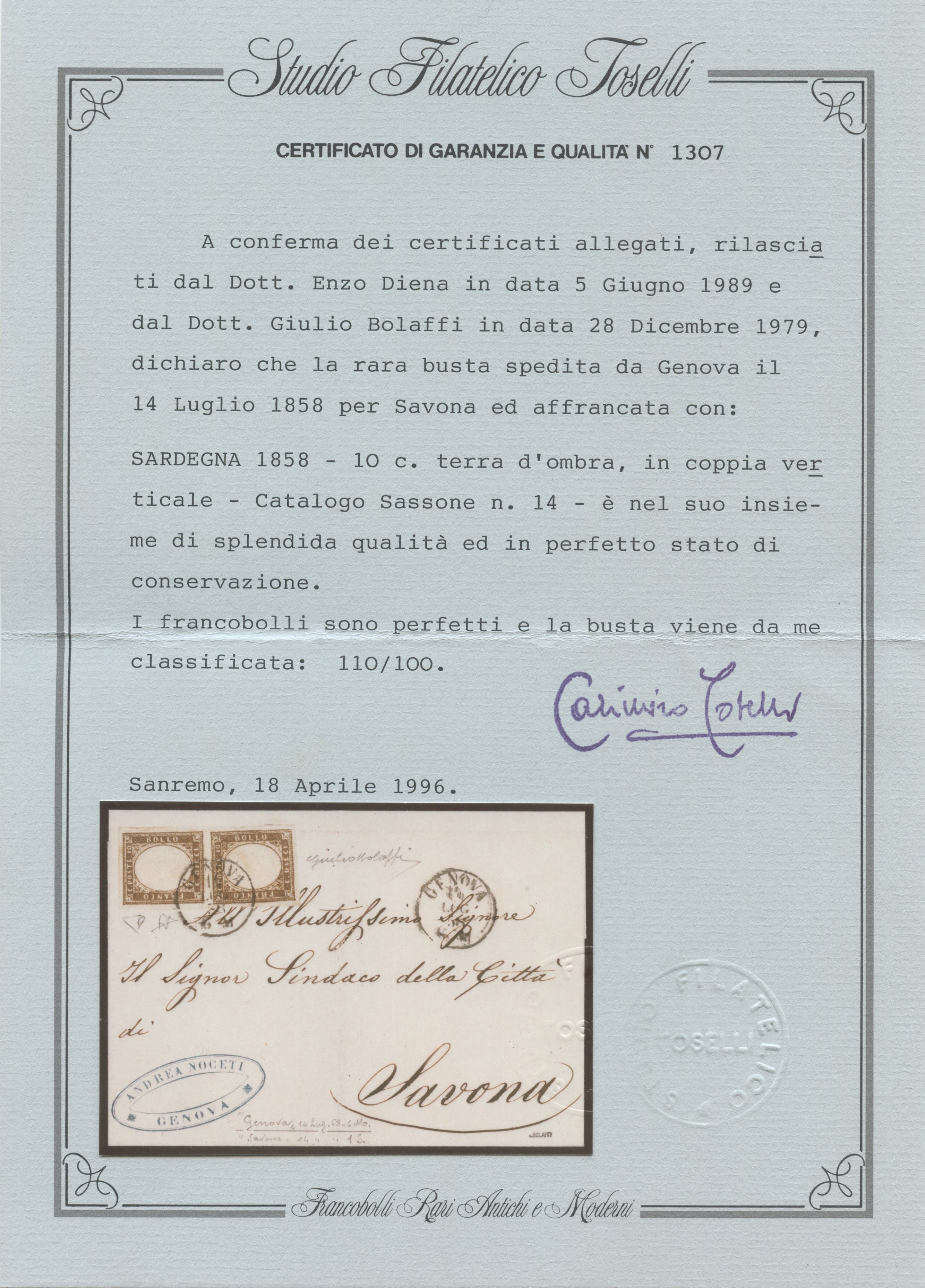 Francobolli, Sardegna: IV emissione, affrancatura da 20 centesimi (coppia 10 cent. Terra d’Ombra ...