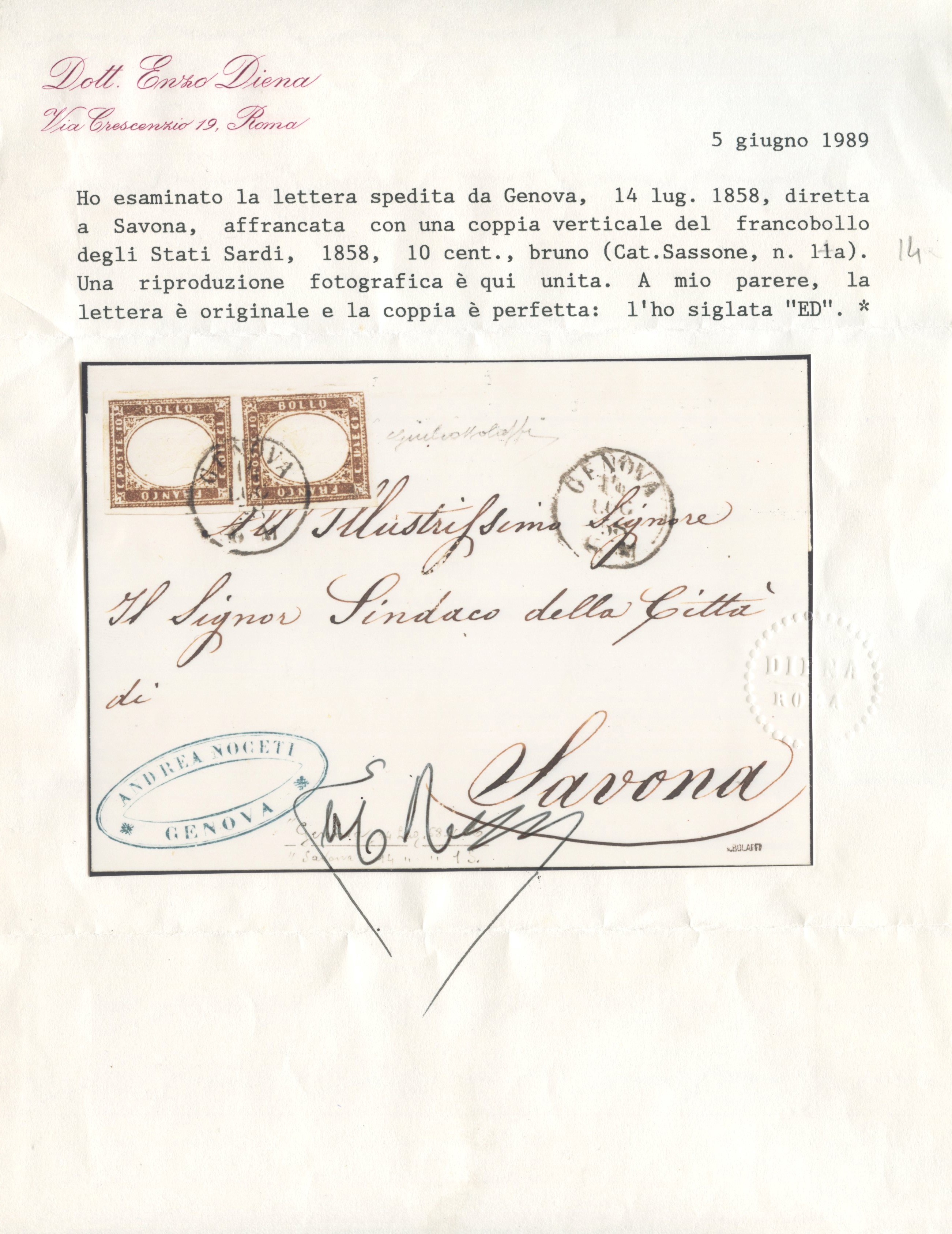 Francobolli, Sardegna: IV emissione, affrancatura da 20 centesimi (coppia 10 cent. Terra d’Ombra ...