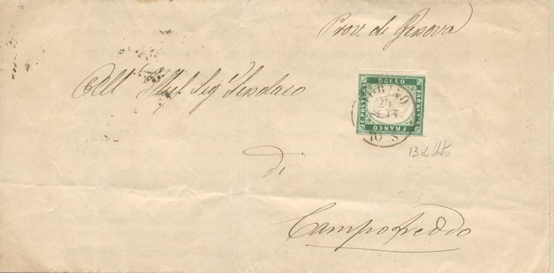 Sardegna, IV emissione: lettera del 24.09.1856 da Torino per Capofreddo con affrancatura da 5 cen...