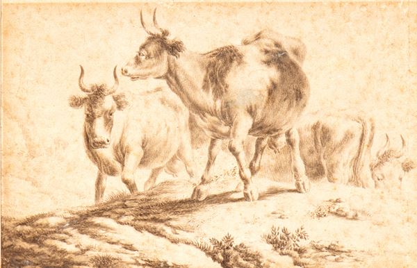 Artista olandese, XVII secolo - Paesaggio con tre tori