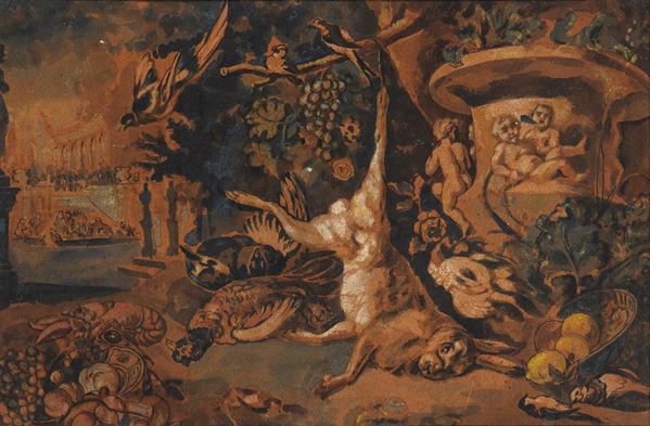 Jan Baptist  Weenix - Natura morta di frutta con cacciagione e leprotto appeso a un ramo