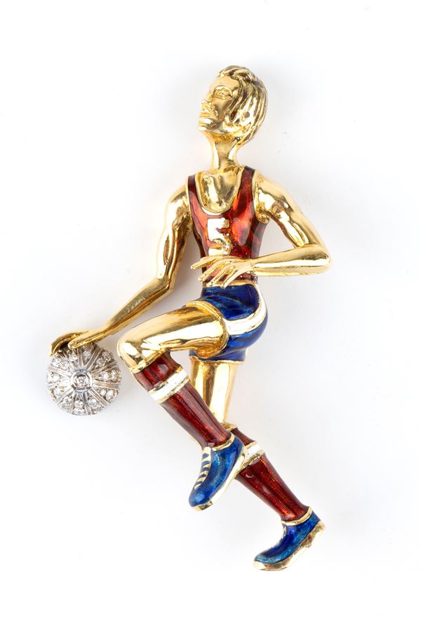DAMIANI: Gold, diamond and enamel brooch depicting a basket player