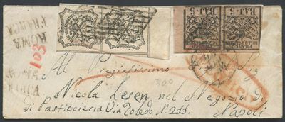 1852, Busta affrancata da Roma a Napoli con annullo ovale rosso