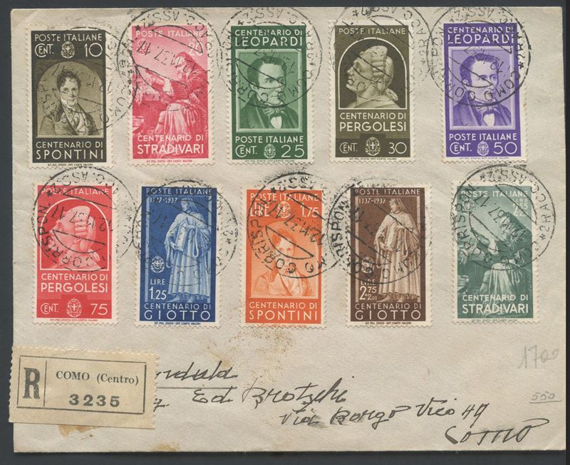 Regno, busta affrancata con serie “Uomini Illustri” n. 426/436 (12.11.1937)
