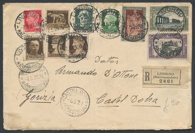 Busta raccomandata, 7 maggio 1929, Livorno-Gorizia con affrancatura composta (n. 220, 221, 228, 2...