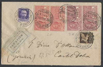 Regno, Storia postale: busta aerea Milano–Gorizia del 18.11.1931 affrancata con francobolli e pos...