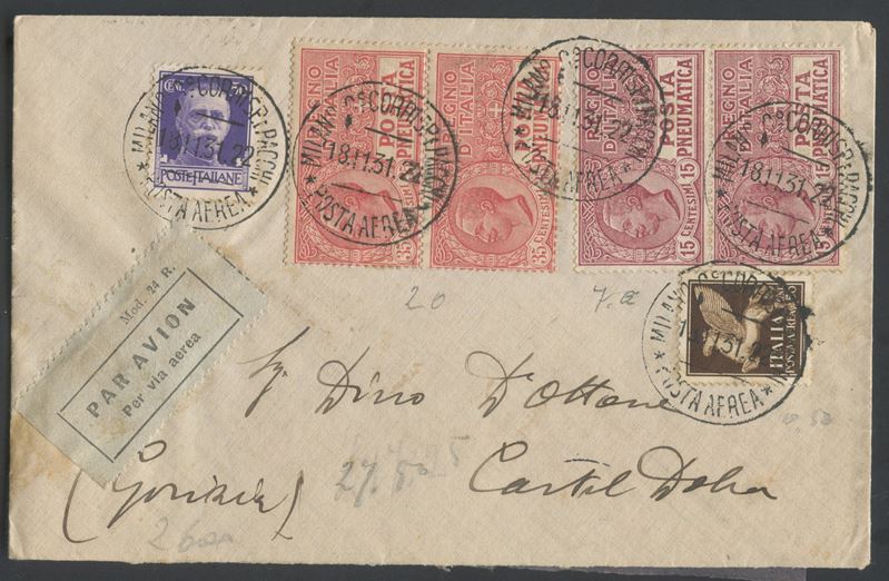 Regno, Storia postale: busta aerea Milano–Gorizia del 18.11.1931 affrancata con francobolli e pos...