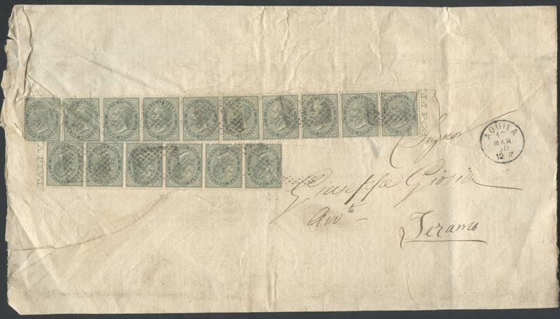 Busta postale, affrancatura con strisce da 5 centesimi e 80 centesimi