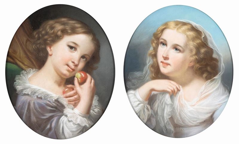 Jean Baptiste Greuze - A) Fanciulla con Frutto Rosso; B) Fanciulla con Velo. Coppia di Disegni