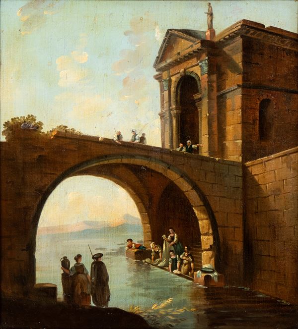 Hubert Robert - Landscape with bridge and washerwomen