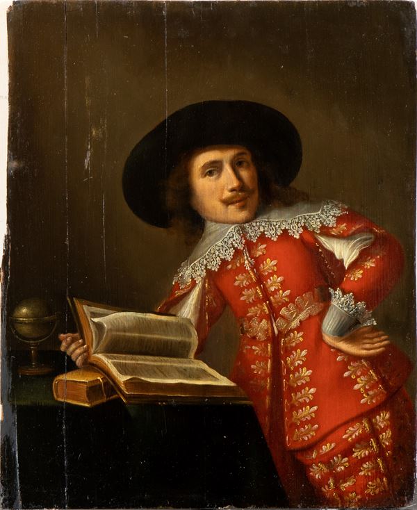 Artista olandese, XVII secolo - Ritratto di uomo con libro e giubba rossa