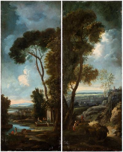 A) Paesaggio con Corso D'acqua e Lavandaie al Fontanile; B) Paesaggio con Figure e Città sullo Sf...