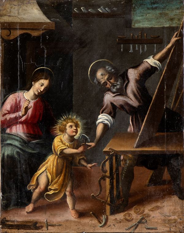 Artista centro-italiano, XVII secolo - Sacra Famiglia con San Giuseppe falegname