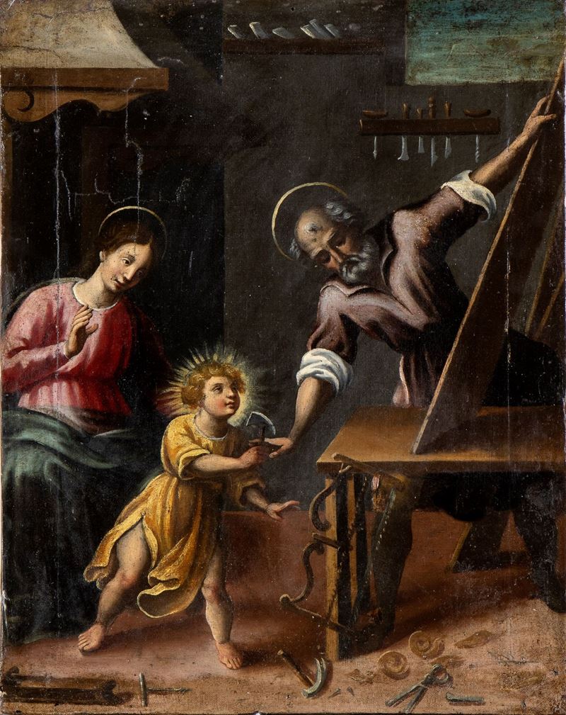 Artista Centro-italiano, XVII Secolo - Sacra Famiglia con San Giuseppe Falegname
