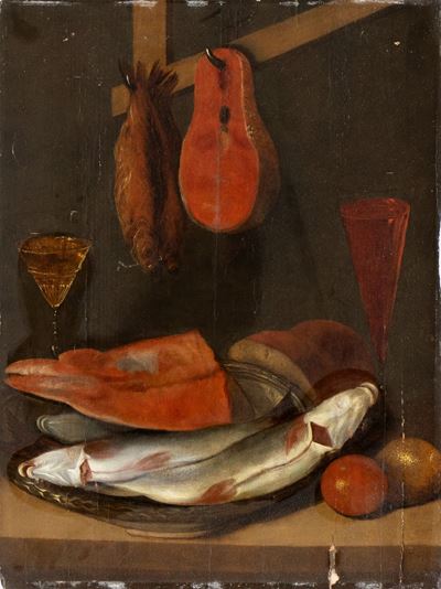 Natura Morta con Calici, Pesci e un Trancio di Salmone