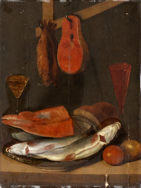Artista spagnolo, XVIII secolo - Still life with chalices, fish and a slice of salmon