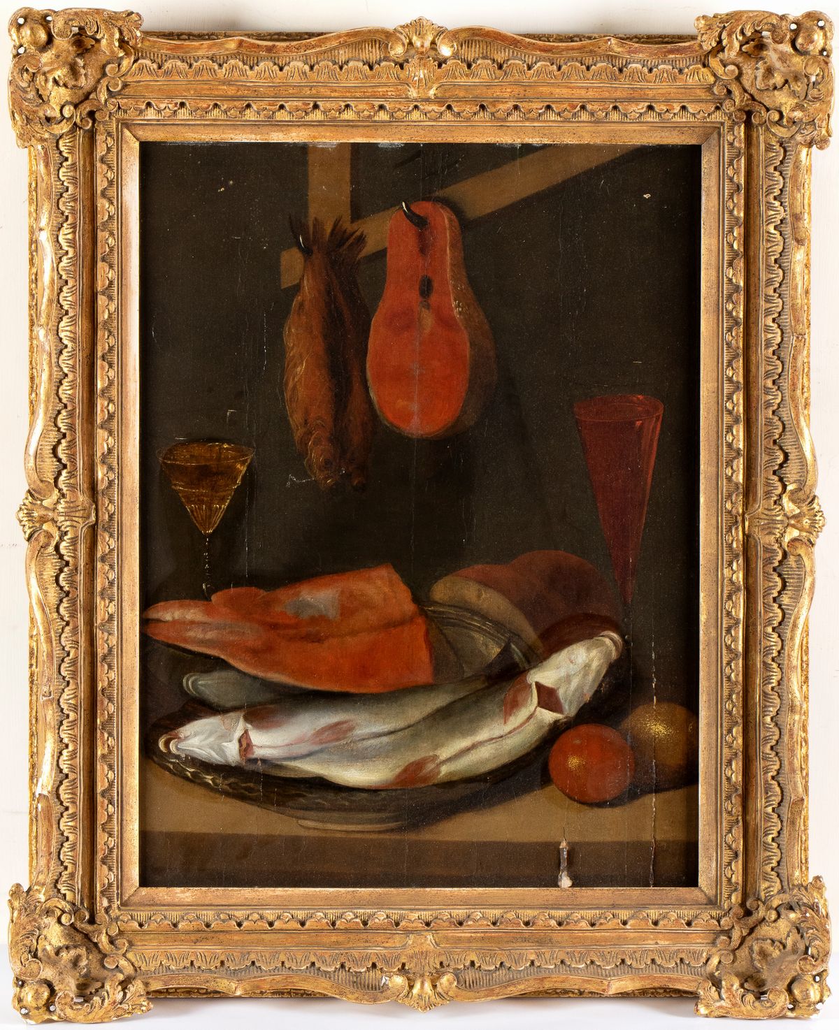 Artista Spagnolo, XVIII Secolo - Natura Morta con Calici, Pesci e un Trancio di Salmone