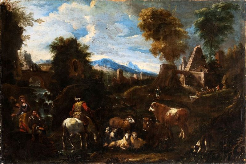 Artista Genovese, Fine XVII - Inizio XVIII Secolo - Paesaggio con Pastori e Armenti