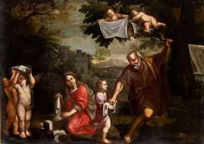 Sacra Famiglia e Angeli che Lavano i Panni al Fiume