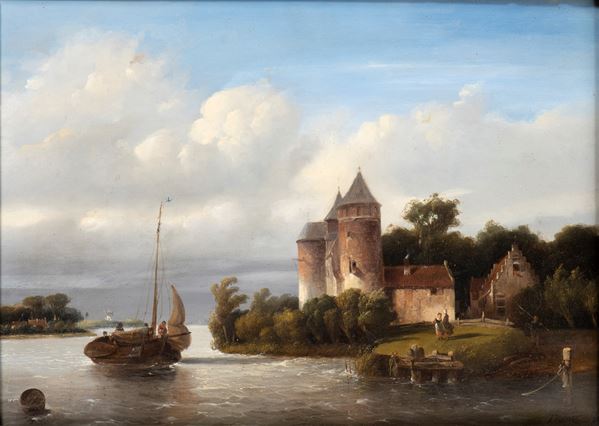 Salomon Leonardus Verveer - Landscape with canal, boats and figures