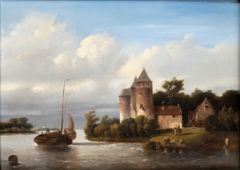 Salomon Leonardus Verveer - Paesaggio con Canale, Imbarcazioni e Figure