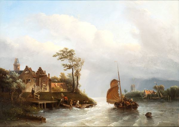 Salomon Leonardus Verveer - Landscape with castle, waterway and boats