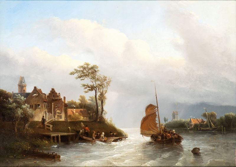 Salomon Leonardus Verveer - Paesaggio con Castello, Corso D'acqua e Imbarcazioni