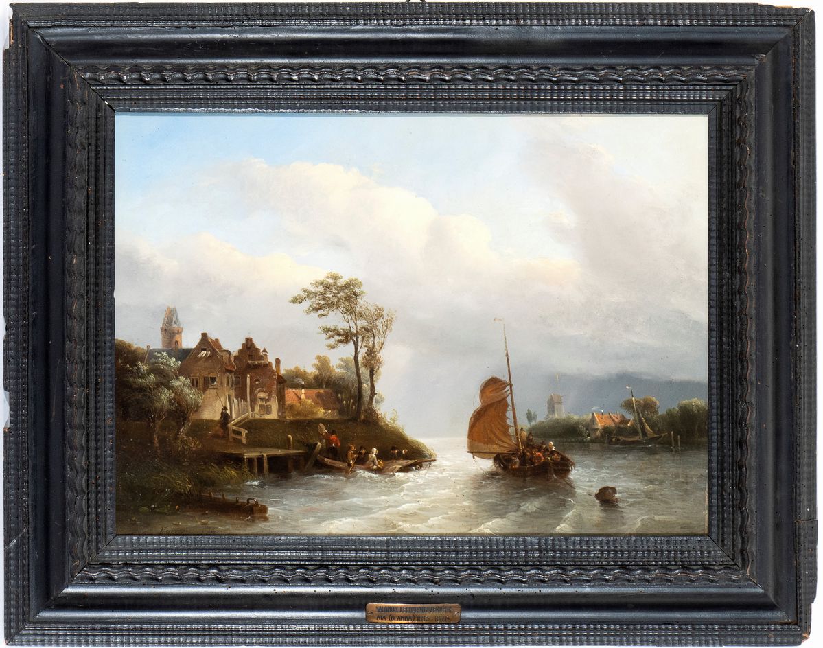 Salomon Leonardus Verveer - Paesaggio con Castello, Corso D'acqua e Imbarcazioni