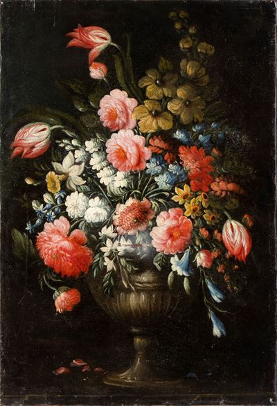 Natura Morta di Fiori in un Vaso Metallico