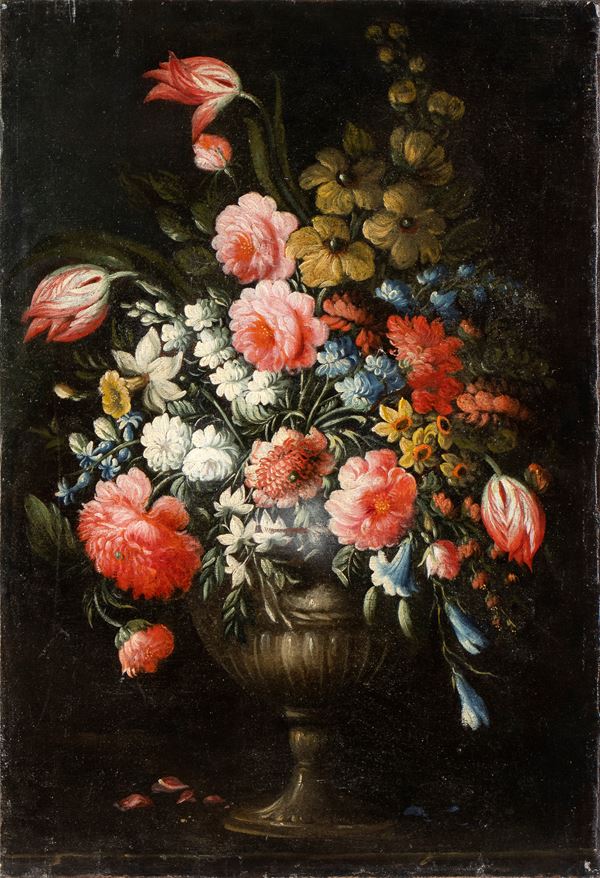 Scuola romana, XVII - XVIII secolo - Still life with flowers in a metal vase