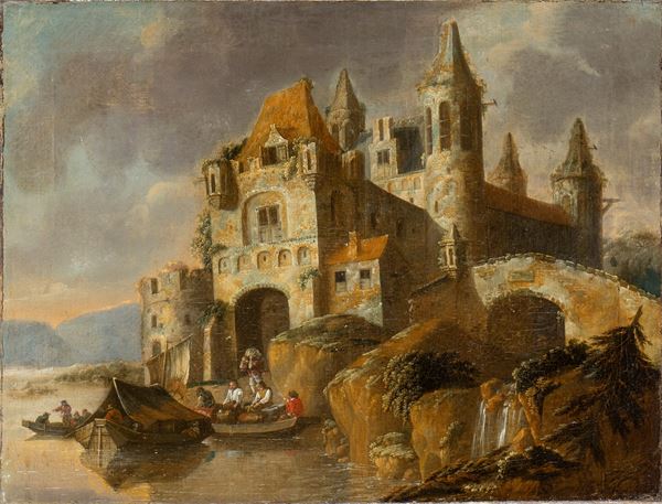 Artista olandese, XVIII - XIX secolo - Paesaggio con imbarcazioni e castello sulla riva di un fiume