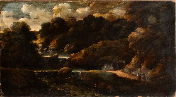 Gaspard Dughet - Paesaggio con fiume, cascatelle e figure