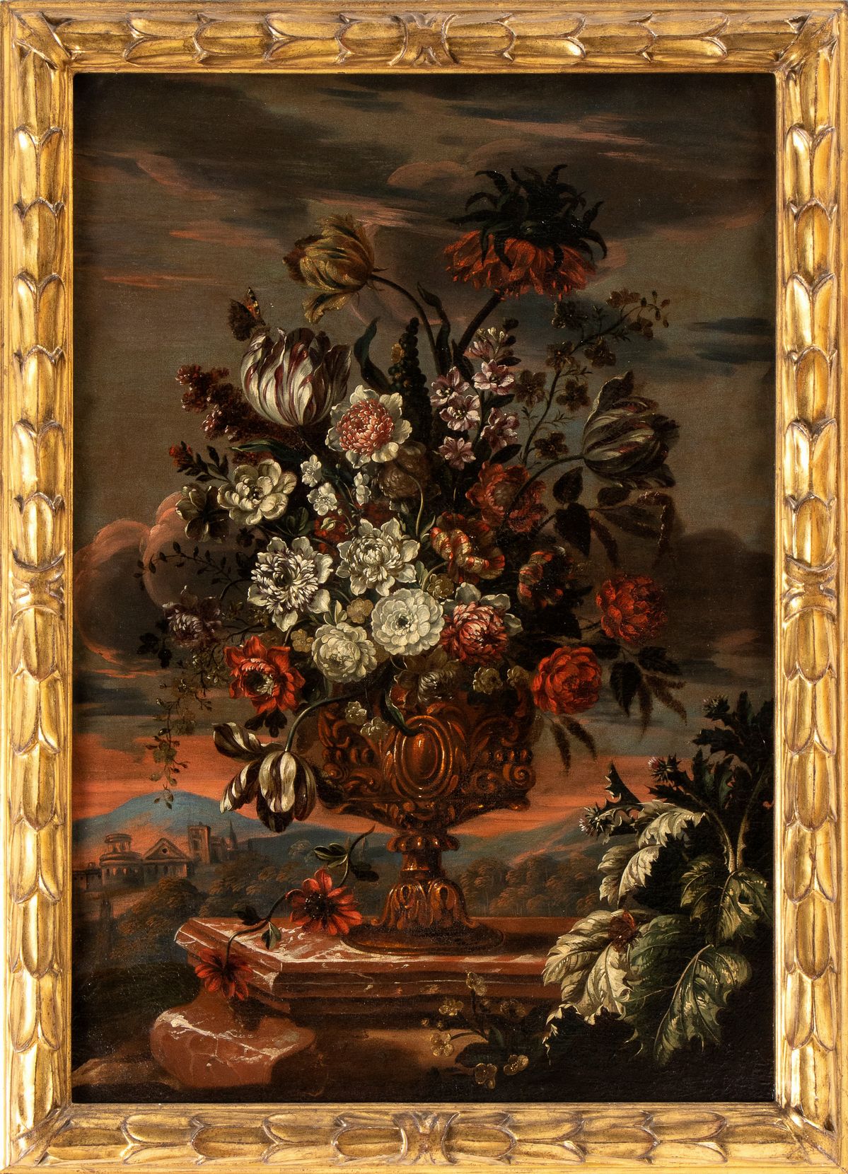 Artista Fiammingo, Fine XVII - Inizio XVIII Secolo - Bouquet di Fiori su un Vaso Metallico in un ...