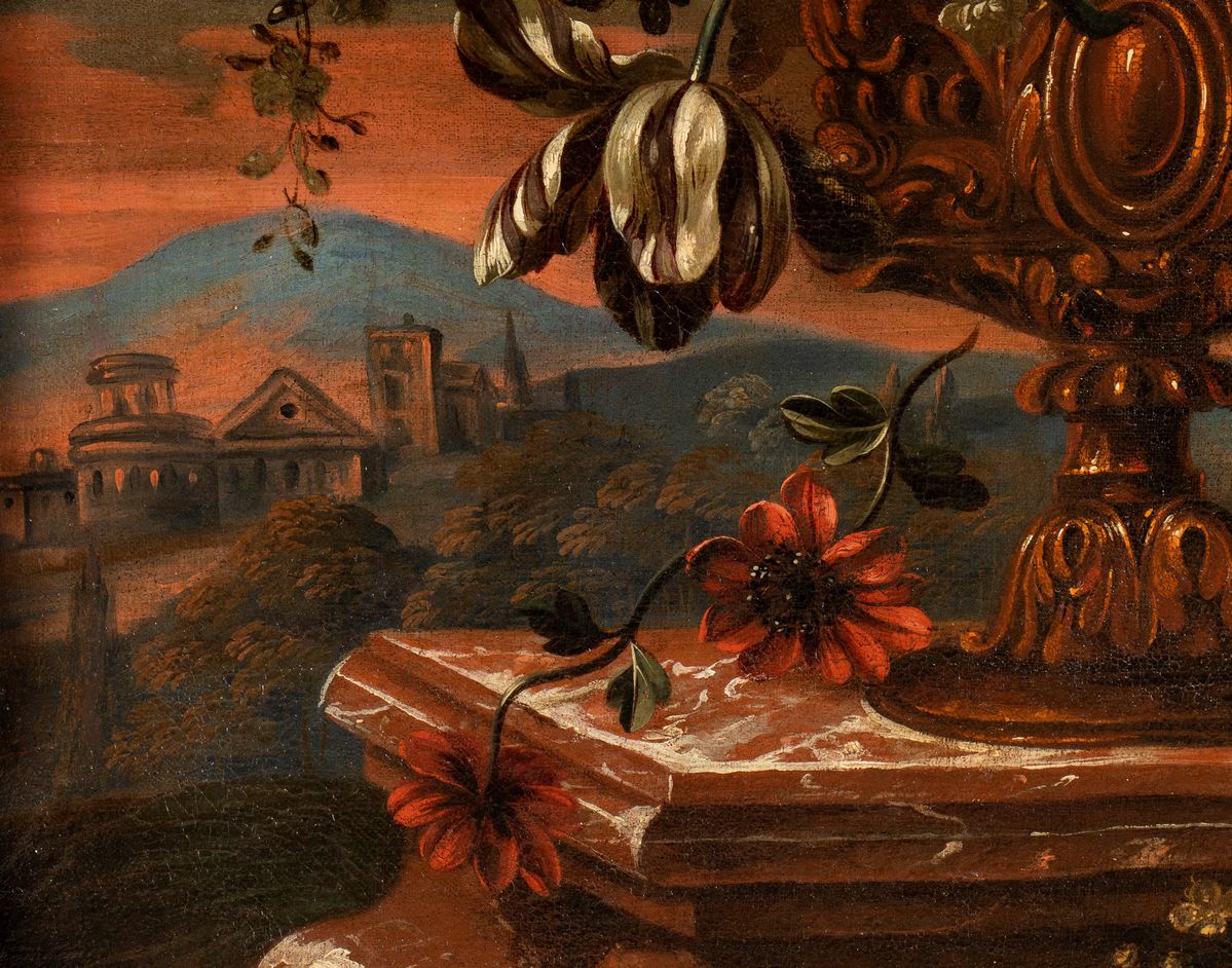 Artista Fiammingo, Fine XVII - Inizio XVIII Secolo - Bouquet di Fiori su un Vaso Metallico in un ...