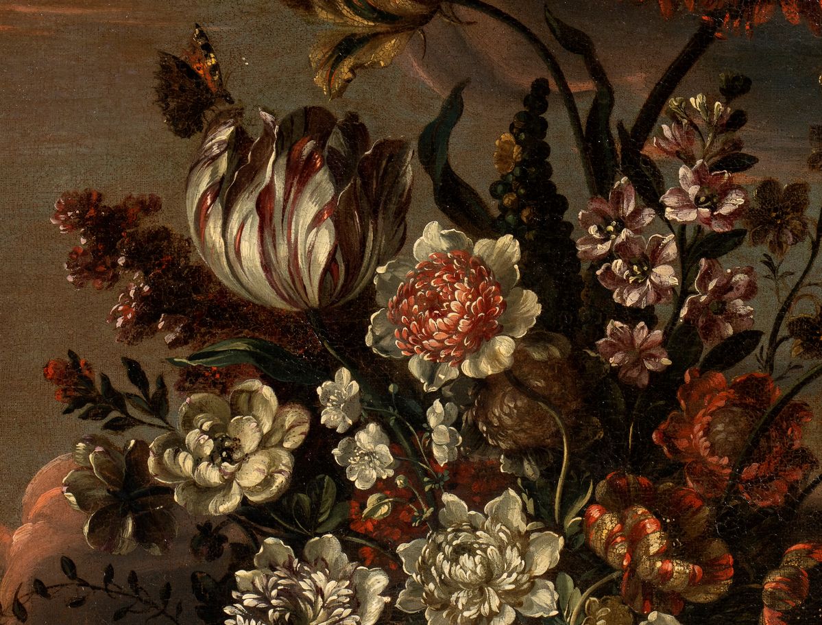 Artista Fiammingo, Fine XVII - Inizio XVIII Secolo - Bouquet di Fiori su un Vaso Metallico in un ...