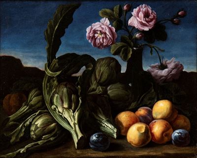 Natura Morta di Rose, Carciofi e Pesche