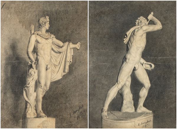 Artista russo, seconda met&#224; XIX secolo - a) Apollo del Belvedere; b) Galata suicida o Galata Ludovisi. Coppia di disegni