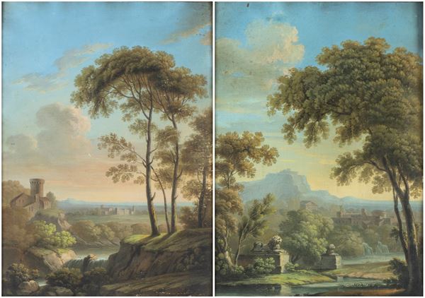 Andrea Locatelli - a) Paesaggio con castello e corso d'acqua; b) Paesaggio con corso d'acqua e fontana. Coppia di tempere