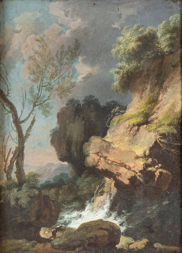 Alessio De Marchis - Rocky landscape with a waterfall and a figure