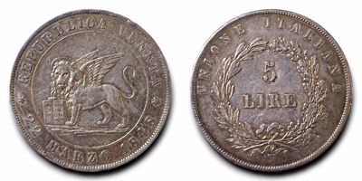 Venezia. Governo Provvisorio di Venezia (1848-1849). 5 Lire 1848, i Tipo 22 Marzo. Ag (24,90 G; 3...