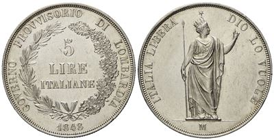 Milano. Governo Provvisorio di Lombardia. 5 Lire 1848 "stella Vicina, Base Spessa". Ag (25,08 G; ...