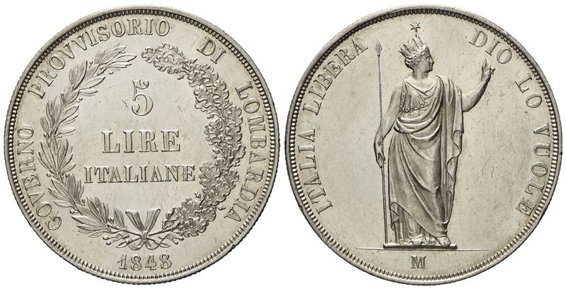 Milano. Governo Provvisorio di Lombardia. 5 Lire 1848 "stella Vicina, Base Spessa". Ag (25,08 G; ...