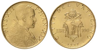 Vaticano. Pio XII (1939-1958). 100 Lire 1957. Au (5,23 G; 20,6 MM)